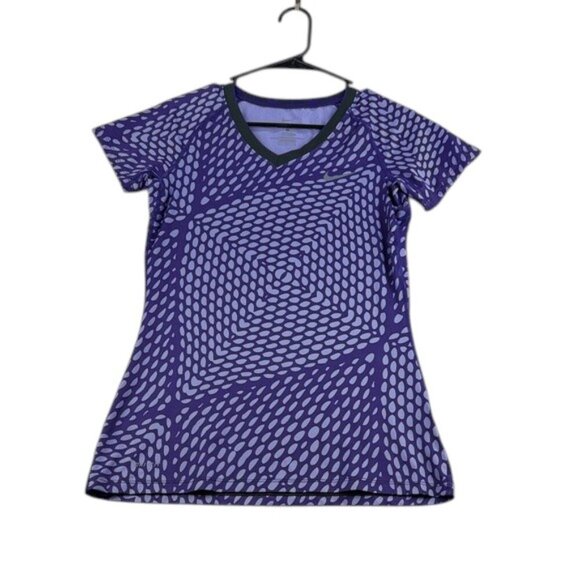 Nike Pro Fitted Dri-Fit V-Neck Purple Polka Dot Short Sleeve Shirt Women’s M - Picture 1 of 5